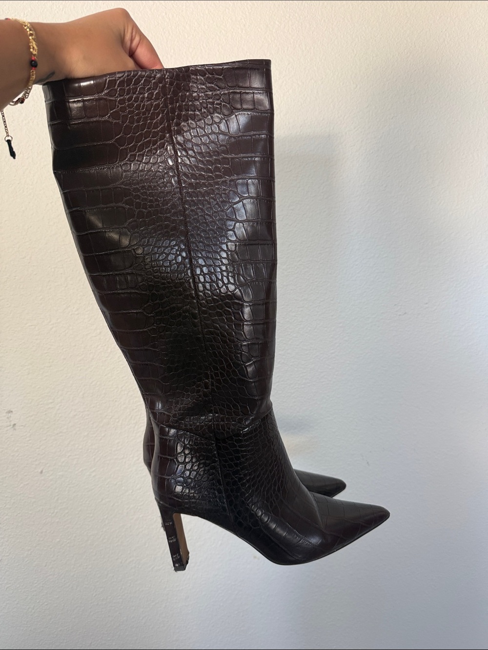brown croc embossed knee high boots